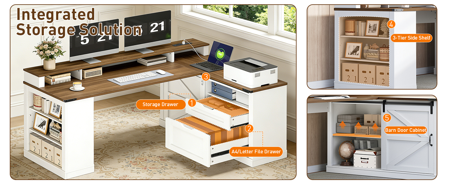 Farmhouse L-Shaped Executive Desk with Drawers, White & Walnut Corner Computer Desk with File Cabinet, Monitor Stand and Integrated Power Strip for Home Office and Study