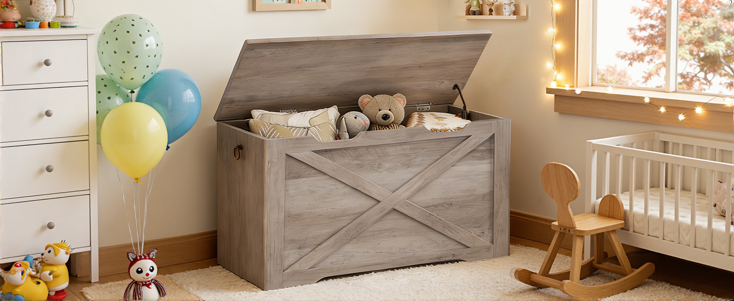 Wooden Storage Bench with Metal Hinge and Pull Handles, Multifunctional Toy Chest for Living Room, Bedroom and Entrance, Grey
