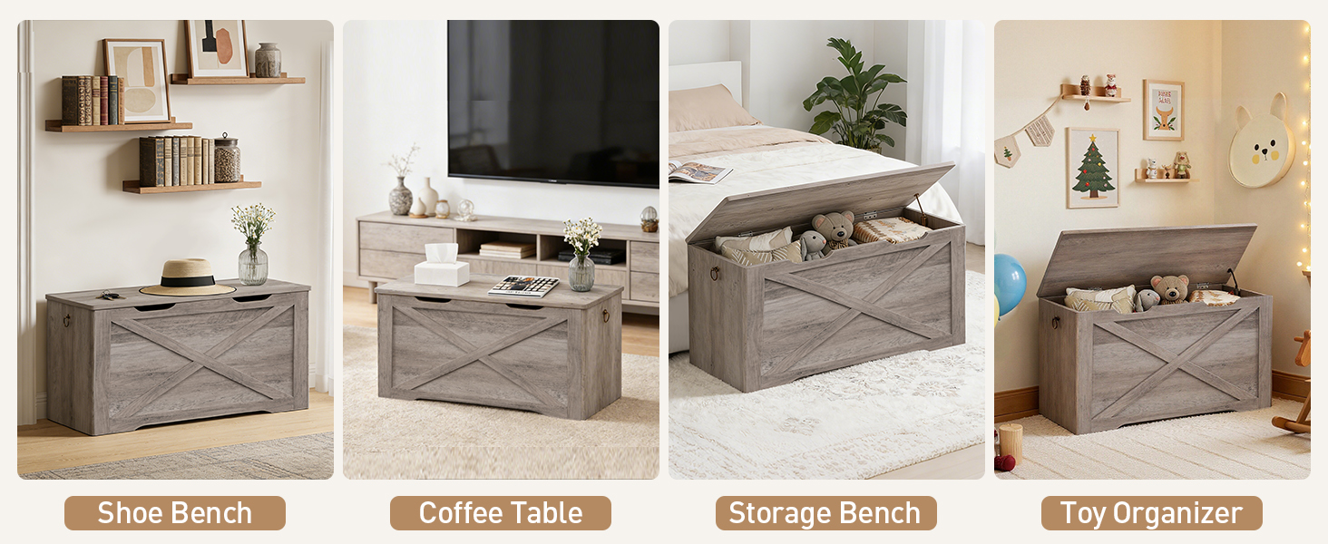 Wooden Storage Bench with Metal Hinge and Pull Handles, Multifunctional Toy Chest for Living Room, Bedroom and Entrance, Grey