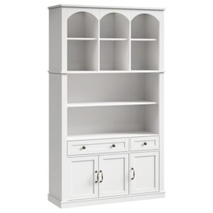 RALGEND 73.2" Tall Farmhouse Arched Bookshelf with Drawer and Door, 6 Tier Mid Century Modern Book Shelf and Bookcase with Storage, Floor Standing Display Cabinet for Living Room, Home Office, White