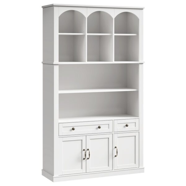 RALGEND 73.2" Tall Farmhouse Arched Bookshelf with Drawer and Door, 6 Tier Mid Century Modern Book Shelf and Bookcase with Storage, Floor Standing Display Cabinet for Living Room, Home Office, White