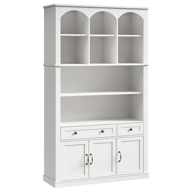 RALGEND 73.2" Tall Farmhouse Arched Bookshelf with Drawer and Door, 6 Tier Mid Century Modern Book Shelf and Bookcase with Storage, Floor Standing Display Cabinet for Living Room, Home Office, White