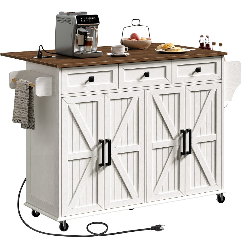 Kitchen Island with Drop Leaf & Power Outlet, Rolling Kitchen Island Cart On Wheels, Barn Door Kitchen Island Table with Storage and Tower Rack, Island Table for Kitchen, White and Walnut