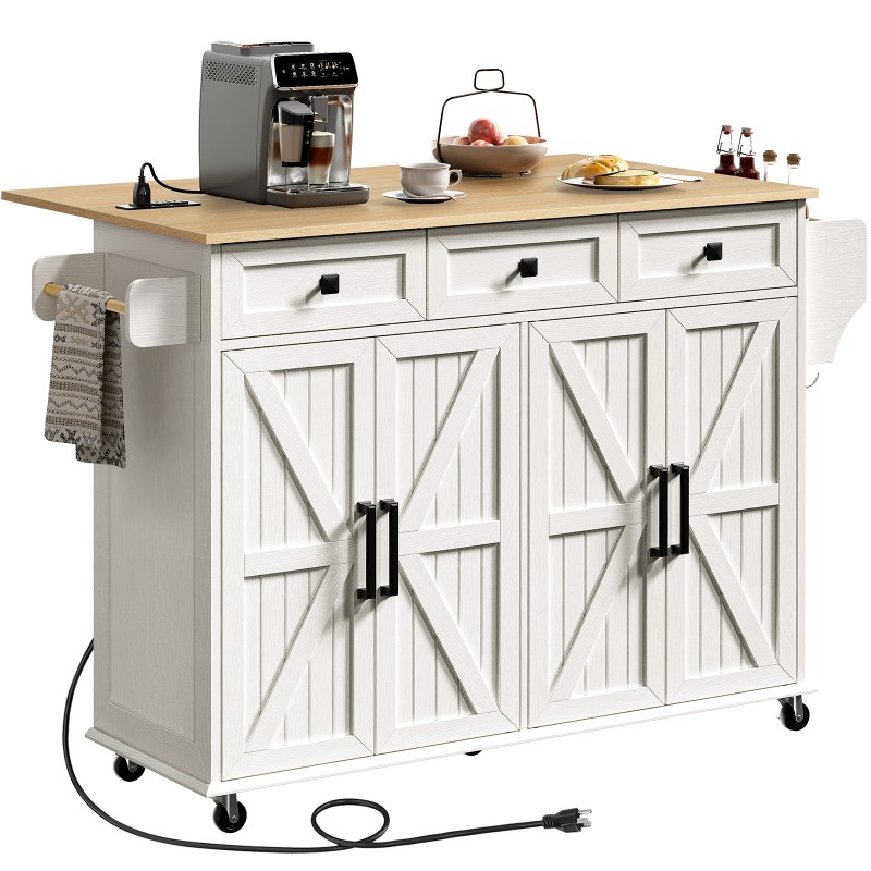 Kitchen Island with Drop Leaf & Power Outlet, Rolling Kitchen Island Cart On Wheels, Barn Door Kitchen Island Table with Storage and Tower Rack, Island Table for Kitchen, White and Walnut