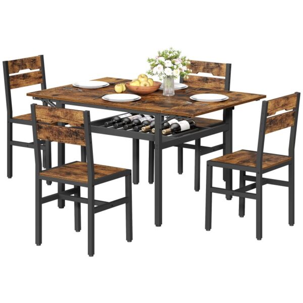 RALGEND 5-Piece Dining Table Set for 4, 48" Extendable Kitchen Table and 4 Chairs, Rectangle Dining Room Table Set for 4 with Wine Rack for Small Saving Space, Rustic Brown and Black