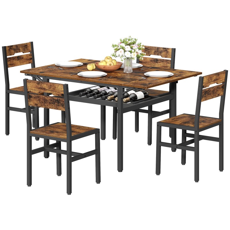 RALGEND 5-Piece Dining Table Set for 4, 48" Extendable Kitchen Table and 4 Chairs, Rectangle Dining Room Table Set for 4 with Wine Rack for Small Saving Space, Rustic Brown and Black