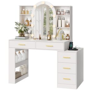 RALGEND Vanity Desk with Mirror and Lights, 47"Makeup Vanity Desk with Power Outlet, 5 Drawers & Open Storage Shelf, 3 Color Modes, White Vanity Desk for Women Girls, Dressing Table for Bedroom