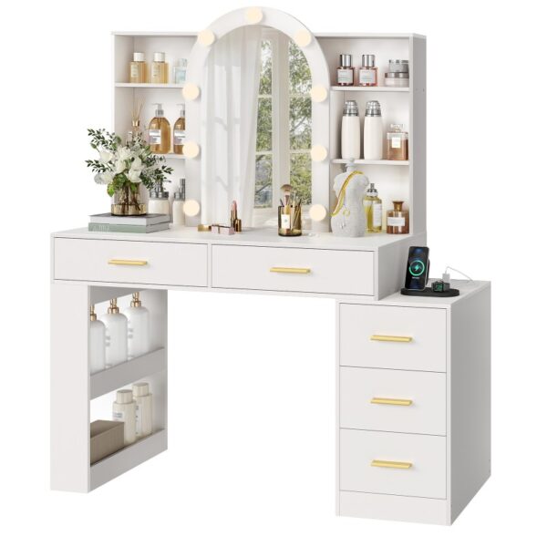 RALGEND Vanity Desk with Mirror and Lights, 47"Makeup Vanity Desk with Power Outlet, 5 Drawers & Open Storage Shelf, 3 Color Modes, White Vanity Desk for Women Girls, Dressing Table for Bedroom