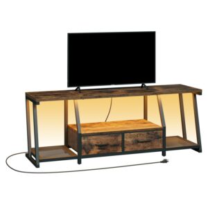 RALGEND LED TV Stand for 55 65 Inch TV, Entertainment Center with Open Shelves and Power Outlets, TV Console Table with Fabric Drawers, Media Console for Living Room, Bedroom, Rustic Brown and Black