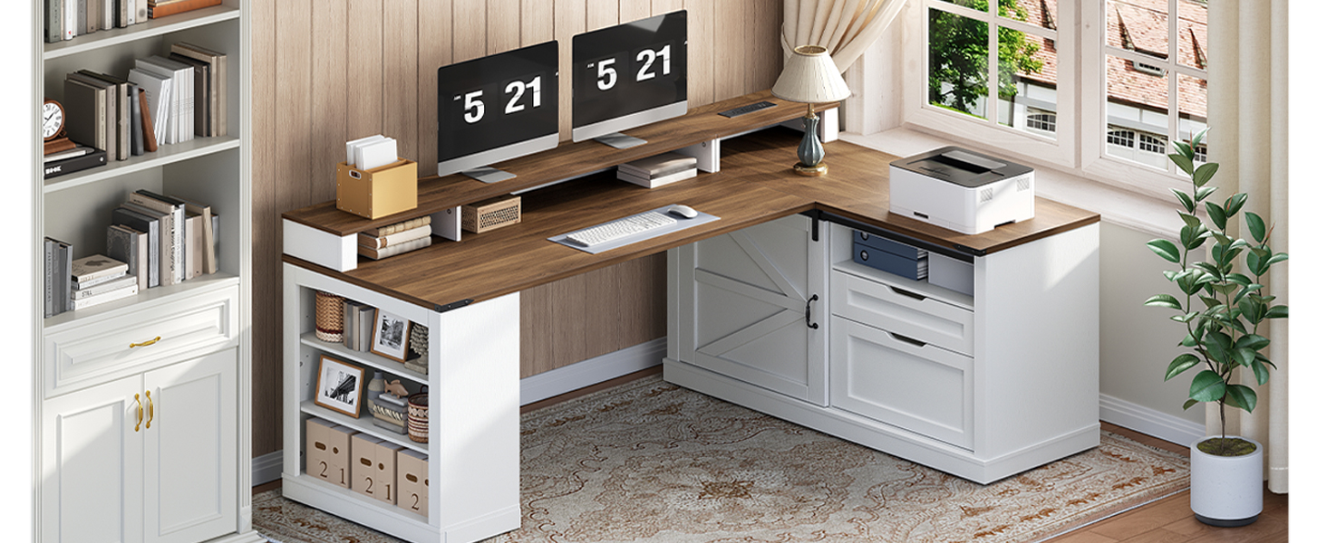 Farmhouse L-Shaped Executive Desk with Drawers, White & Walnut Corner Computer Desk with File Cabinet, Monitor Stand and Integrated Power Strip for Home Office and Study
