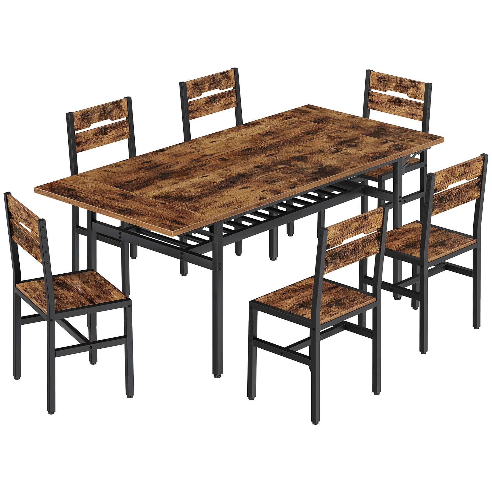7-Piece Dining Table Set, Extendable & Foldable Dining Table with 6 Chairs, Industrial-Style Kitchen Dining Set Equipped with Storage Shelf, Metal-Frame Furniture for Dining Room, Rustic Brown & Black Finish