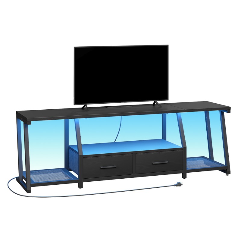 RALGEND LED TV Stand for 75 Inch TV, Entertainment Center with Open Shelves and Power Outlets, TV Console Table with Fabric Drawers, Media Console for Living Room, Bedroom, Black