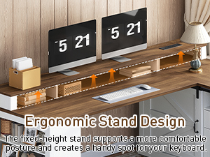 Farmhouse L-Shaped Executive Desk with Drawers, White & Walnut Corner Computer Desk with File Cabinet, Monitor Stand and Integrated Power Strip for Home Office and Study