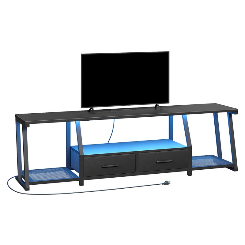 RALGEND LED TV Stand for 80 Inch TV, Entertainment Center with Open Shelves and Power Outlets, TV Console Table with Fabric Drawers, Media Console for Living Room, Bedroom, Rustic Brown and Black