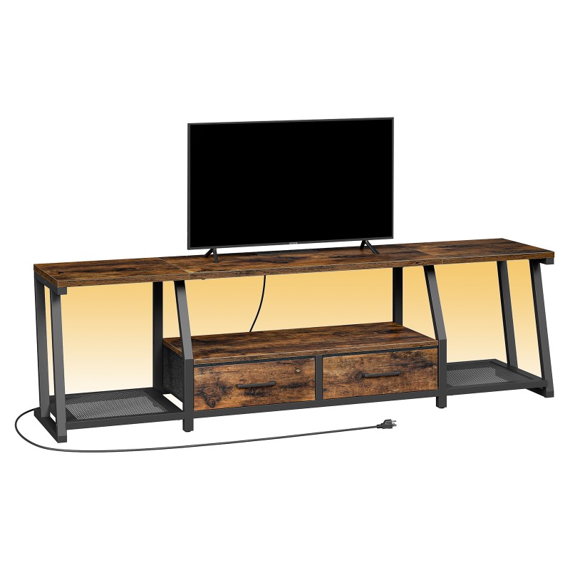 RALGEND LED TV Stand for 80 Inch TV, Entertainment Center with Open Shelves and Power Outlets, TV Console Table with Fabric Drawers, Media Console for Living Room, Bedroom, Rustic Brown and Black