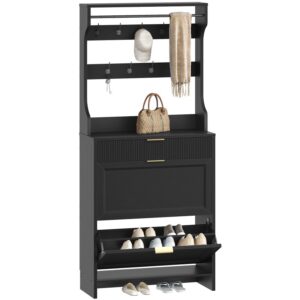 RALGEND Hall Tree with Shoe Storage, Shoe Cabinet with Coat Rack, Coat Rack with Shoe Storage, Shoe and Coat Rack for Entryway, Narrow Hidden Shoe Storage Cabinet with 2 Flip Drawers, Black