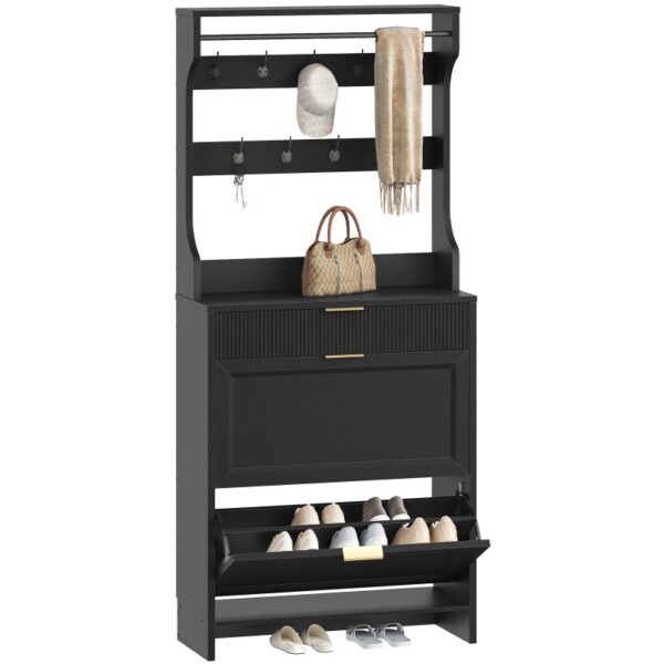 RALGEND Hall Tree with Shoe Storage, Shoe Cabinet with Coat Rack, Coat Rack with Shoe Storage, Shoe and Coat Rack for Entryway, Narrow Hidden Shoe Storage Cabinet with 2 Flip Drawers, Black