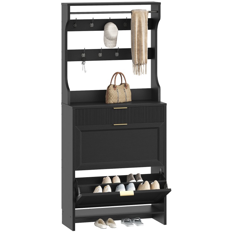 RALGEND Hall Tree with Shoe Storage, Shoe Cabinet with Coat Rack, Coat Rack with Shoe Storage, Shoe and Coat Rack for Entryway, Narrow Hidden Shoe Storage Cabinet with 2 Flip Drawers, Black