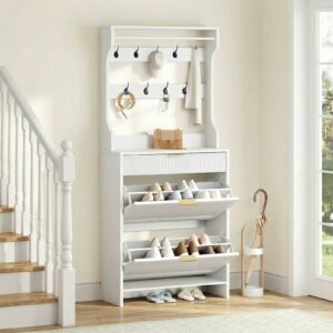 RALGEND Hall Tree with Shoe Storage, Shoe Cabinet with Coat Rack, Coat Rack with Shoe Storage, Shoe and Coat Rack for Entryway, Narrow Hidden Shoe Storage Cabinet with 2 Flip Drawers, White