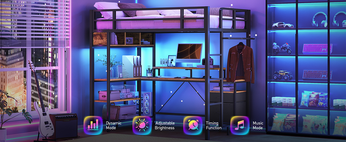 Rustic Brown Twin Size Metal Loft Bed with L-Shaped Desk, 2 Storage Drawers, Charging Station and LED Light, Equipped with Hanging Rod, Stairs and Safety Guardrail