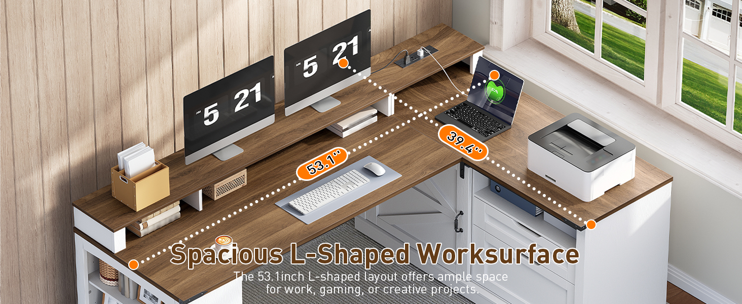 Farmhouse L-Shaped Executive Desk with Drawers, White & Walnut Corner Computer Desk with File Cabinet, Monitor Stand and Integrated Power Strip for Home Office and Study