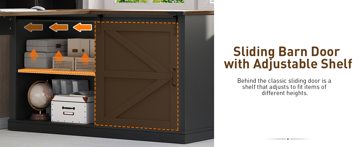 Farmhouse L-Shaped Executive Desk with Drawers, Black and Walnut 53-Inch Corner Computer Desk Equipped with File Cabinet, Monitor Stand and Power Strip, Suitable for Home Office and Study