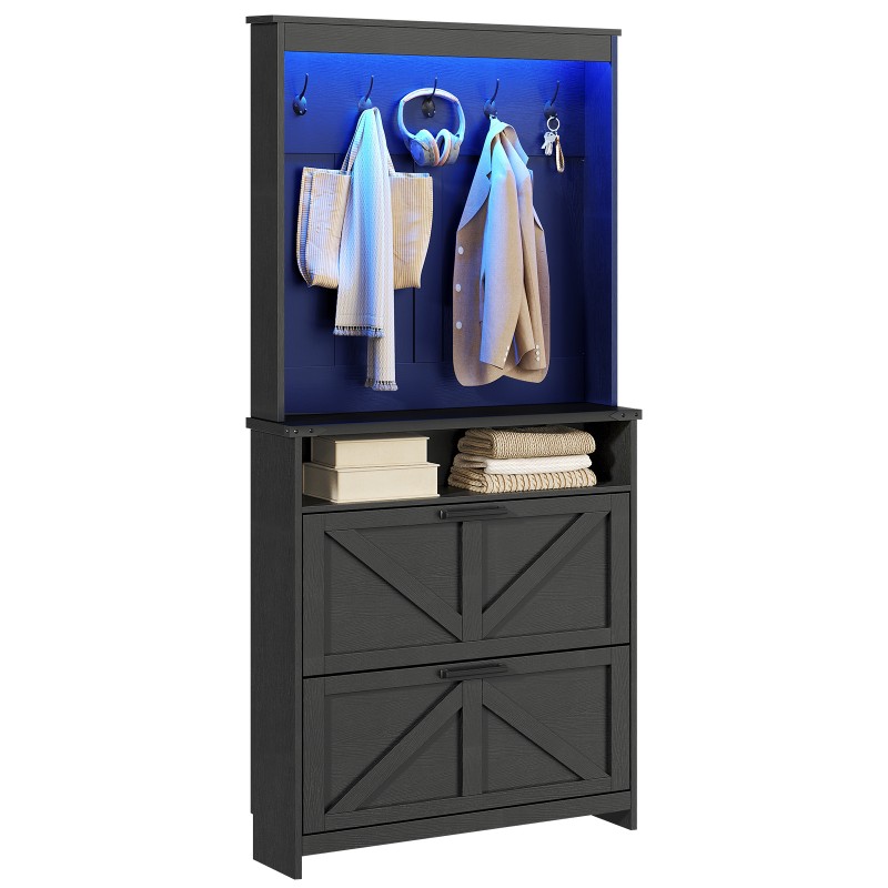 Farmhouse Shoe Storage Cabinet with 2 Flip Drawers & Coat Rack, LED Light, Hall Tree with Hidden Shoe Cabinet, Freestanding Shoes Organizer Cabinet for Entryway, Hallway, and Living Room, Black