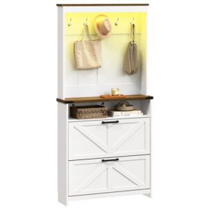 Farmhouse Shoe Cabinet with Coat Rack, Tall Shoe Cabinet with 2 Flip Drawers, Narrow Hidden Shoe Storage Cabinet, 2 in 1 Hall Tree Slim Freestanding Shoe Rack Organizer for Entryway, LED Light, White