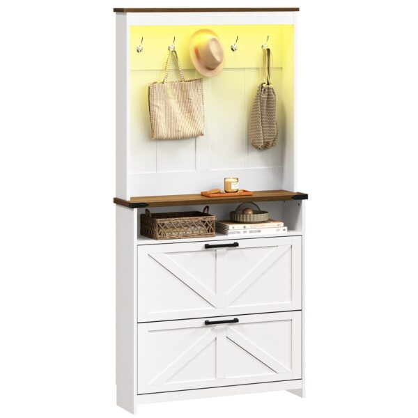 Farmhouse Shoe Cabinet with Coat Rack, Tall Shoe Cabinet with 2 Flip Drawers, Narrow Hidden Shoe Storage Cabinet, 2 in 1 Hall Tree Slim Freestanding Shoe Rack Organizer for Entryway, LED Light, White