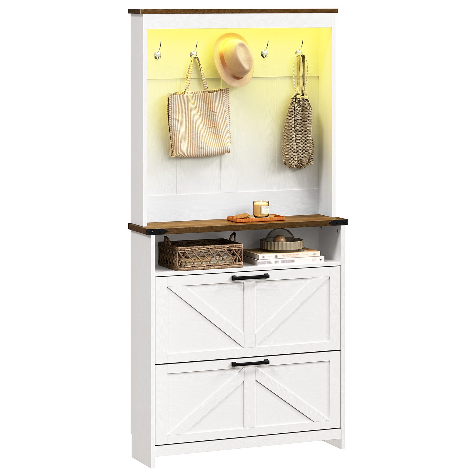 Farmhouse Shoe Cabinet with Coat Rack, Tall Shoe Cabinet with 2 Flip Drawers, Narrow Hidden Shoe Storage Cabinet, 2 in 1 Hall Tree Slim Freestanding Shoe Rack Organizer for Entryway, LED Light, White