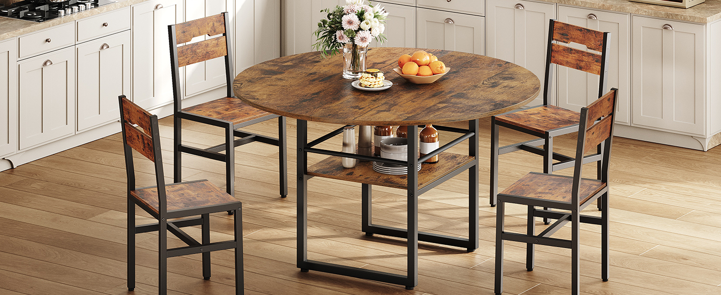 47.2-Inch Round Dining Table, Farmhouse-Style Wooden Kitchen Table with Double-Layer Storage, Space-Saving Circular Dinner Table with Metal Legs, Suitable for Dining Room, Living Room & Kitchen, Rustic Brown & Black Finish
