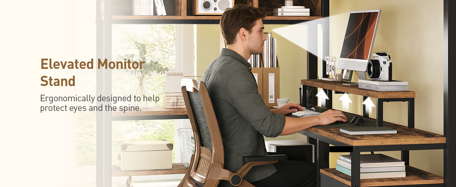 Rustic Brown Twin Size Metal Loft Bed with L-Shaped Desk, 2 Storage Drawers, Charging Station and LED Light, Equipped with Hanging Rod, Stairs and Safety Guardrail