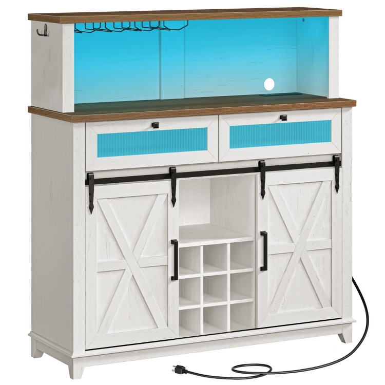 Coffee Bar Cabinet with Power Outlet and LED Lights, Farmhouse Sideboard Buffet Cabinet with 2 Sliding Barn Doors, Wine Bar Cabinet with Drawers and Adjustable Shelves, White and Walnut