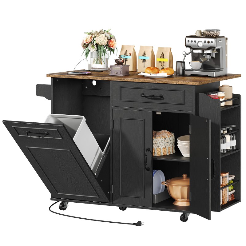 Kitchen Island with Power Outlet & Drop Leaf, Mobile Rolling Cart with Trash Can Storage, 3-Tier Spice Rack,Island Table for Kitchen, Dining Room, Black and Rustic Brown