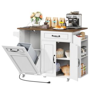 RALGEND Kitchen Island with Power Outlet & Drop Leaf, Mobile Rolling Cart with Trash Can Storage, 3-Tier Spice Rack,Island Table for Kitchen, Dining Room, White and Walnut