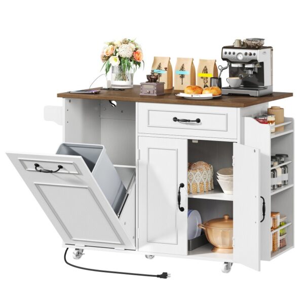 RALGEND Kitchen Island with Power Outlet & Drop Leaf, Mobile Rolling Cart with Trash Can Storage, 3-Tier Spice Rack,Island Table for Kitchen, Dining Room, White and Walnut