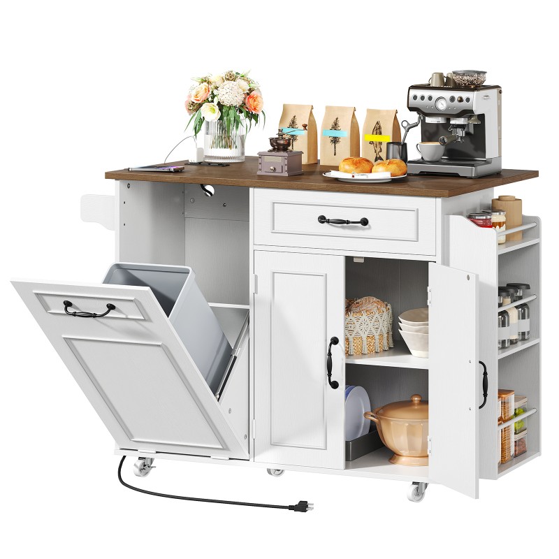 RALGEND Kitchen Island with Power Outlet & Drop Leaf, Mobile Rolling Cart with Trash Can Storage, 3-Tier Spice Rack,Island Table for Kitchen, Dining Room, White and Walnut