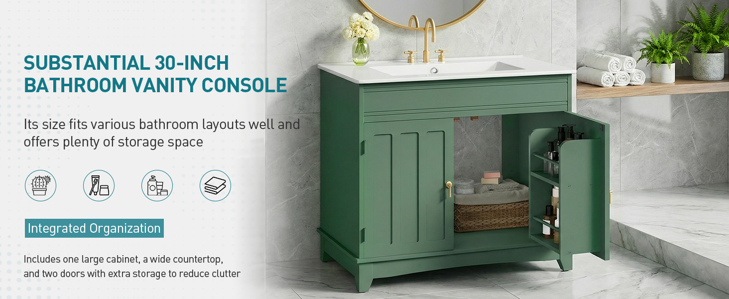 76cm Bathroom Vanity with Ceramic Sink, Green Storage Cabinet with Fluted Doors, Modern Farmhouse Floor-Standing Sink Cabinet with Door-Mounted Shelves
