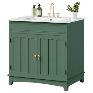 76cm Bathroom Vanity with Ceramic Sink, Green Storage Cabinet with Fluted Doors, Modern Farmhouse Floor-Standing Sink Cabinet with Door-Mounted Shelves
