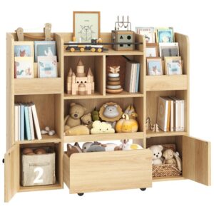 RALGEND Kids Bookshelf and Toy Storage, Toy Storage Organizer with Movable Drawers, Toy Storage Cabinet with 5 Cubbies, Hidden Wheels, Multifunctional Toy Organizer for Playroom, Nursery, Natural
