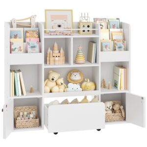 RALGEND Kids Bookshelf and Toy Storage, Toy Storage Organizer with Movable Drawers, Toy Storage Cabinet with 5 Cubbies, Hidden Wheels, Multifunctional Toy Organizer for Playroom, Nursery, White