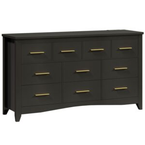 10 Drawer Dresser for Bedroom, 55" Black Dressers with Charging Station, Wide Storage Dressers & Chests of Drawers, Modern Dresser TV Stand for Bedroom, Hallway, Black