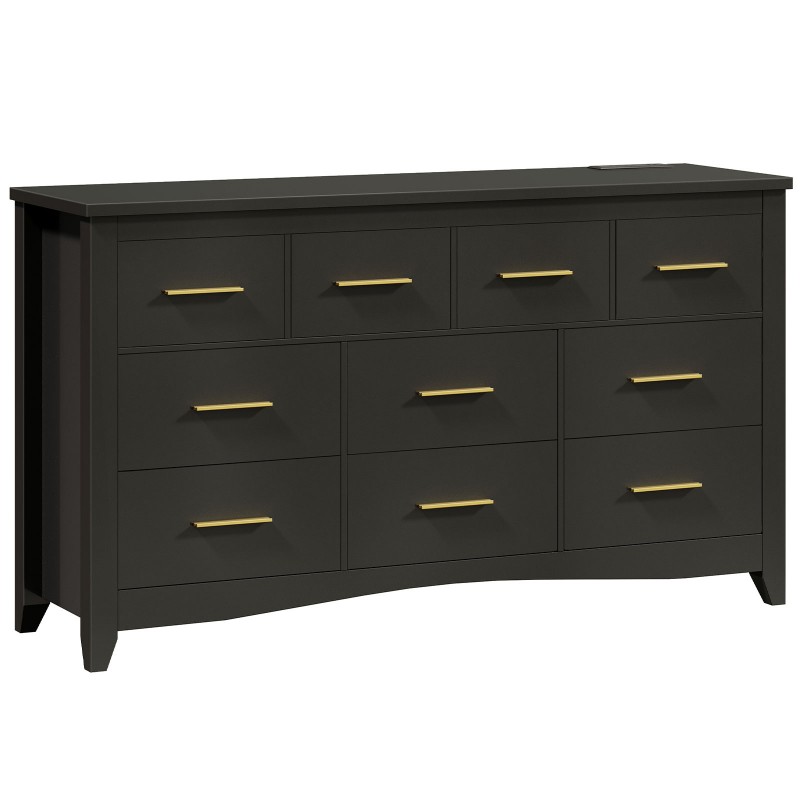 10 Drawer Dresser for Bedroom, 55" Black Dressers with Charging Station, Wide Storage Dressers & Chests of Drawers, Modern Dresser TV Stand for Bedroom, Hallway, Black
