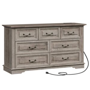 Dressers for Bedroom with 7 Drawers, 54" W Farmhouse Bedroom Dressers, Chest of Drawers with Power Outlets, Wooden Dresser TV Stand, Storage Dresser for Closet, Living Room, Greige