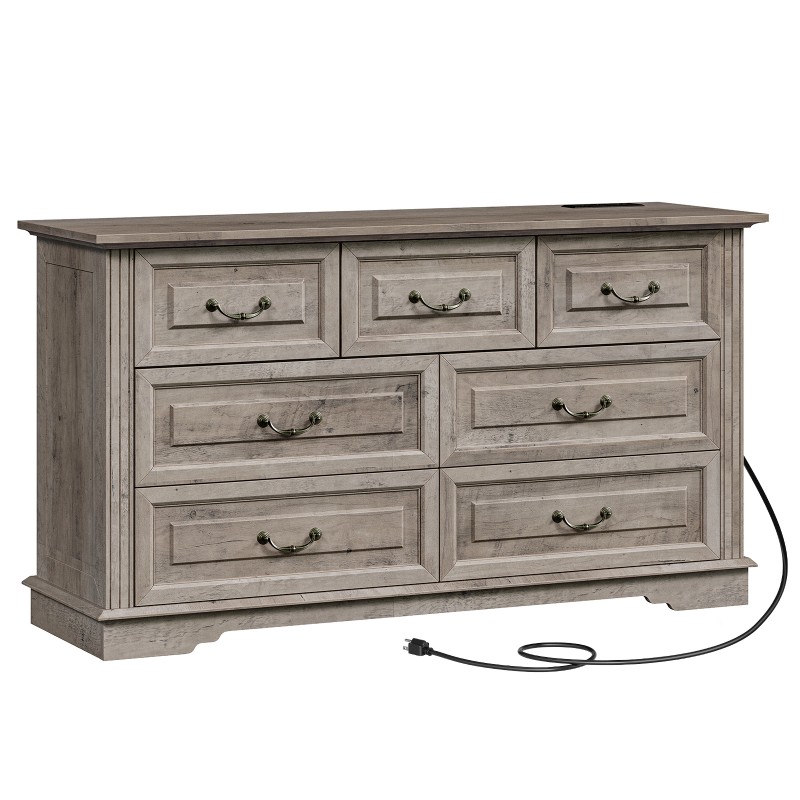 Dressers for Bedroom with 7 Drawers, 54" W Farmhouse Bedroom Dressers, Chest of Drawers with Power Outlets, Wooden Dresser TV Stand, Storage Dresser for Closet, Living Room, Greige