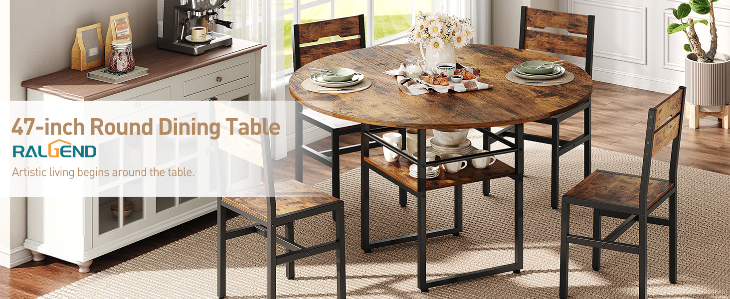 47.2-Inch Round Dining Table, Farmhouse-Style Wooden Kitchen Table with Double-Layer Storage, Space-Saving Circular Dinner Table with Metal Legs, Suitable for Dining Room, Living Room & Kitchen, Rustic Brown & Black Finish