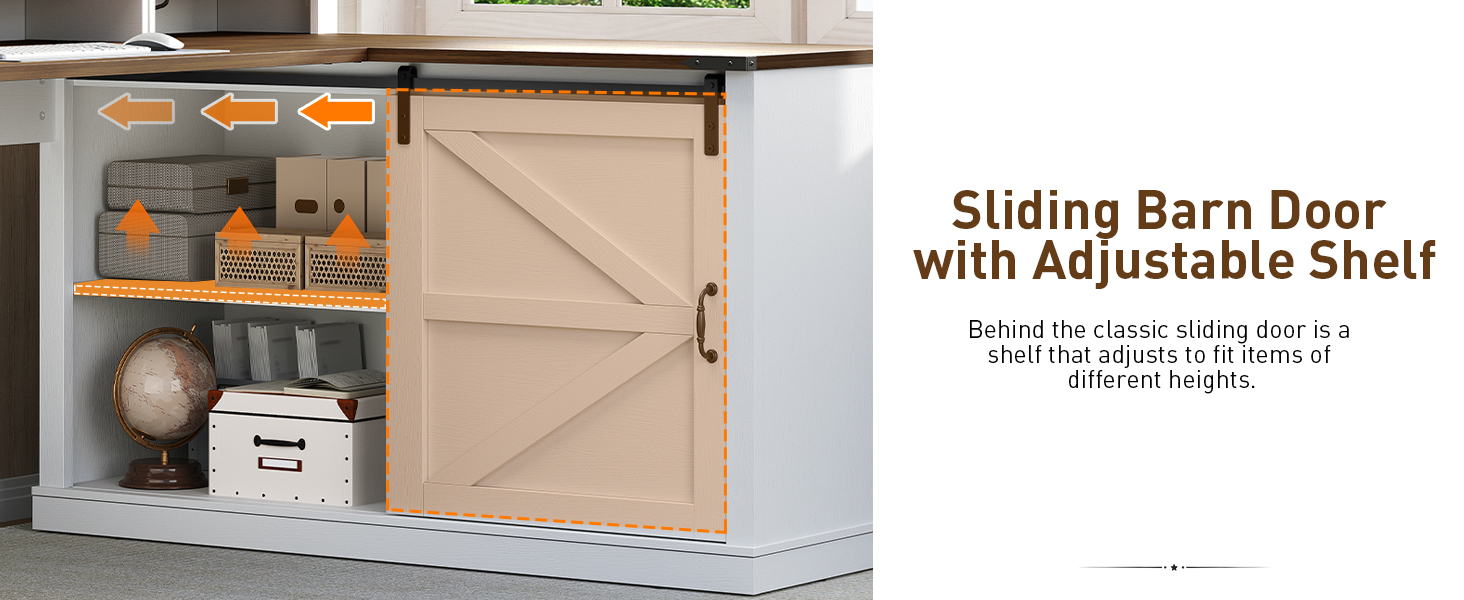 Farmhouse L-Shaped Executive Desk with Drawers, White & Walnut Corner Computer Desk with File Cabinet, Monitor Stand and Integrated Power Strip for Home Office and Study