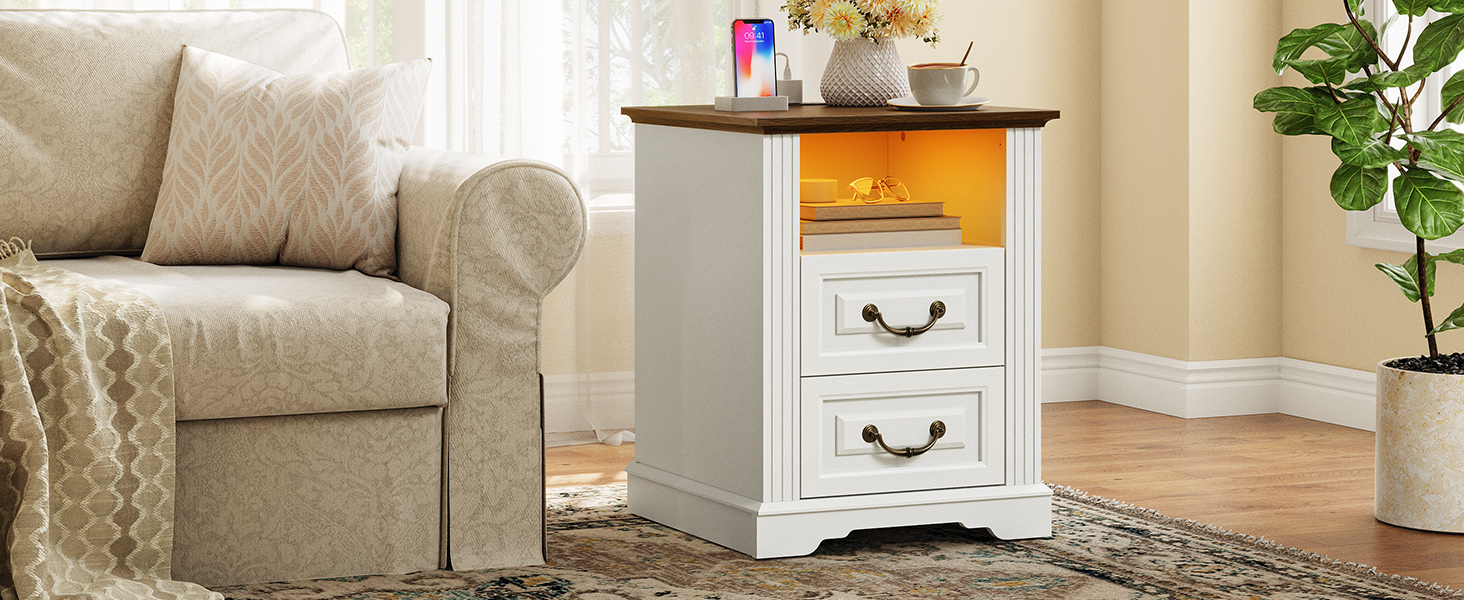 RALGEND Farmhouse End Table with 2 Drawers, Nightstand with Charging Station, End Tables Living Room with LED Lights, Bedside Table for Bedroom, Living Room, White and Walnut