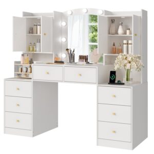 RALGEND Vanity Desk with Mirror and Lights, 58"Makeup Vanity Desk with Charging Station, 8 Drawers & 2 Cabinets, White Vanity Desk for Girls Women, 3 Lighting Modes, Dressing Table for Bedroom