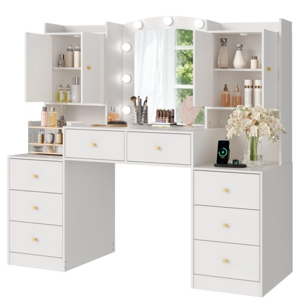 RALGEND Vanity Desk with Mirror and Lights, 58"Makeup Vanity Desk with Charging Station, 8 Drawers & 2 Cabinets, White Vanity Desk for Girls Women, 3 Lighting Modes, Dressing Table for Bedroom
